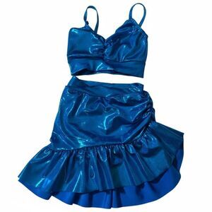 Kelle solo dance costume teal blue metallic foil leotard 2 piece skirt top LC